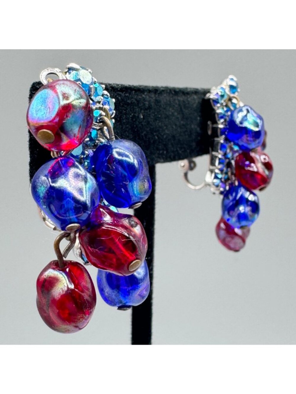 Vintage Glass Cha Cha Bead Earrings Clip On AB Glass Rhinestone Prong Set 1.5" - Picture 5 of 9
